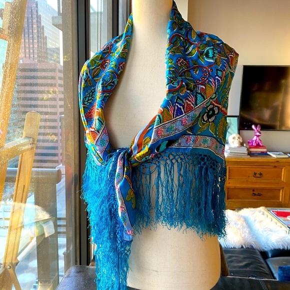 Vintage 100% Silk sari shawl scarf in Excellent Condition 39x39 made in India - Picture 3 of 12